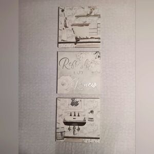 LOT of 3 - Decor Picture Set. Floral Bathroom theme, 12in x 12in, White/Silver